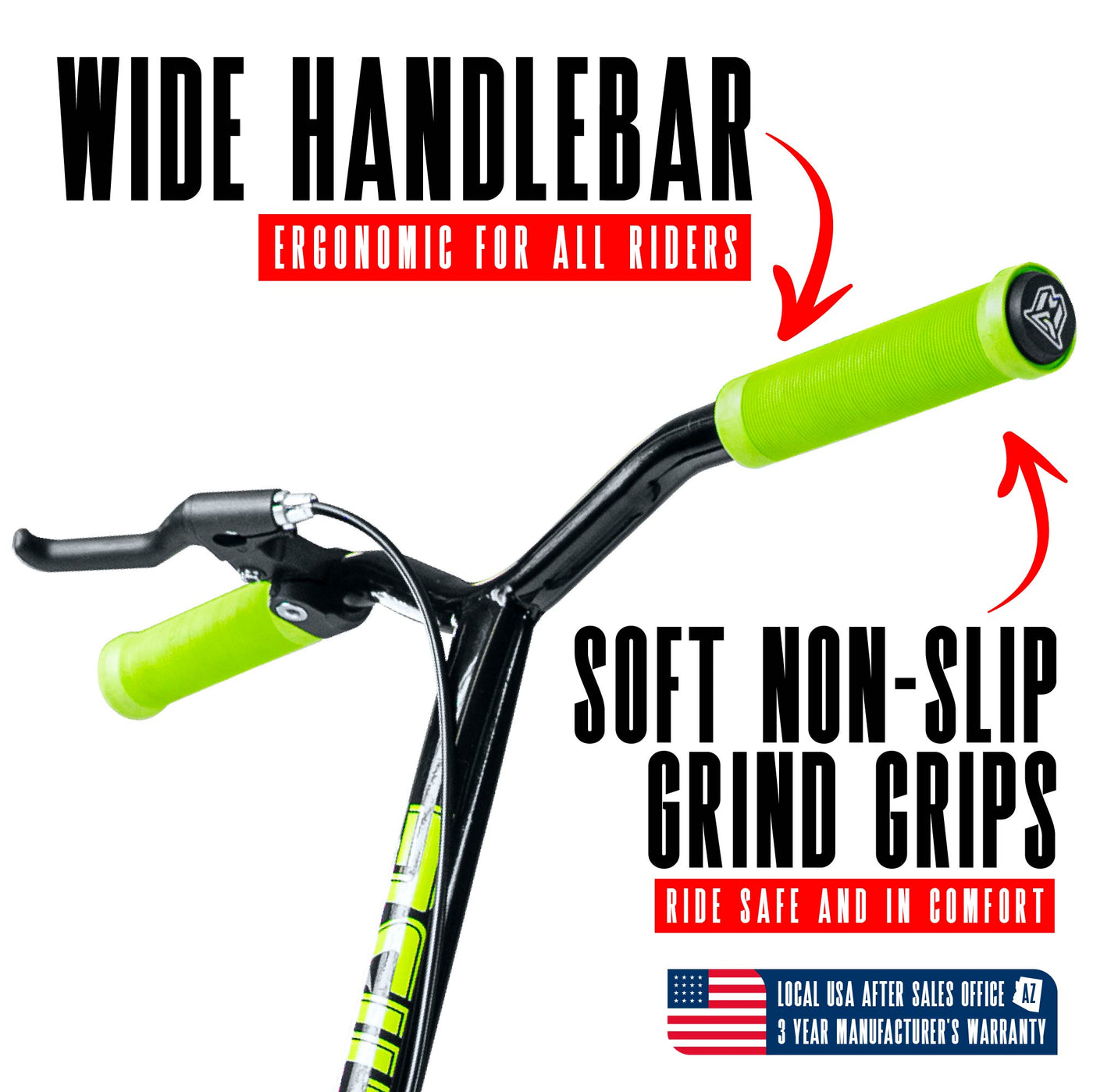 Madd Gear Urban Metro Glide 300 Renegade Commuter Scooter Black Green Front Handlebar Grips