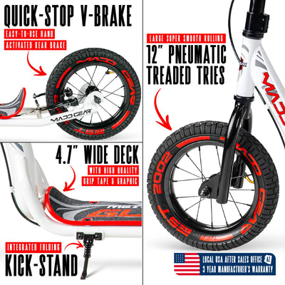 Madd Gear Dirt Scooter White Red Adults Teens Kids Commuter Flashback Renegade Large Air Filled Tires Kickstand