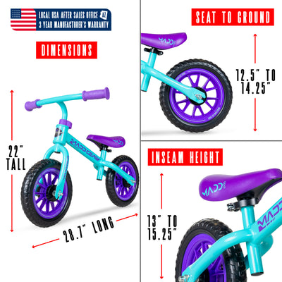 Madd Gear Madgear Strider Trainer Balance Bike Toddler Kids Height Adjustable Teal Purple