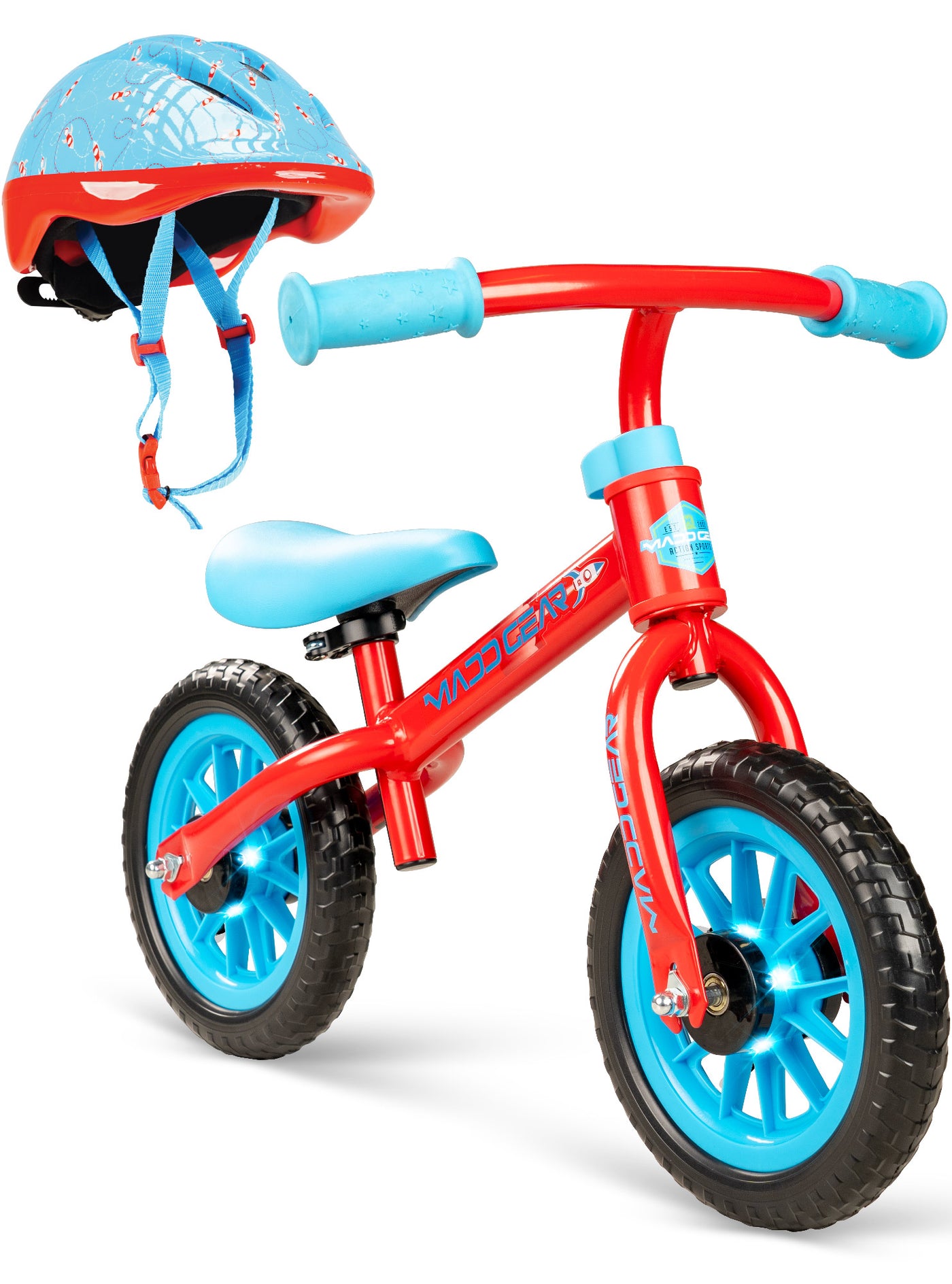 Madd Gear My 1st Light-Up Balance Bike Zbike Trainer Running Strider Lightweight Durable Red Blue Orbit Rocket Kids Toddlers Boys Girls High Quality Helmet