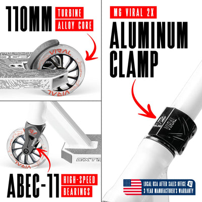 Viral Extreme Pro Scooter - Bright White, features a sleek design with a durable aluminum deck and strong aluminum handlebar, ideal for skatepark stunts.