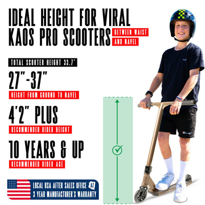 Viral Kaos Pro Scooter - Ash with sturdy handlebars and durable wheels, designed for stunt riding at skateparks. Ideal for young riders honing their skills.