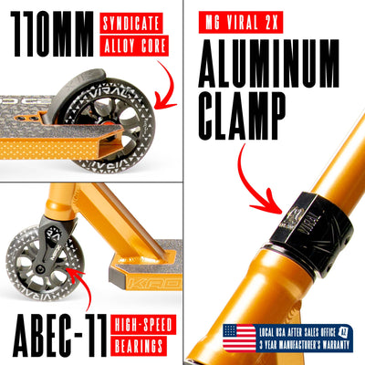 Viral Kaos Pro Scooter - Copper, features a sleek design with a durable aluminum deck and strong aluminum handlebar, ideal for skatepark stunts.