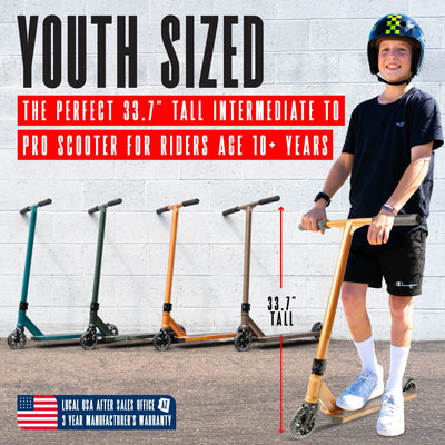 Viral Kaos Pro Scooter - Copper, featuring a sturdy handlebar, a smooth wheel, and durable design for stunt riding at skateparks.