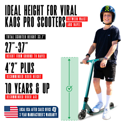 Viral Kaos Pro Scooter - Denim Teal with sturdy handlebars and durable wheels, designed for stunt riding at skateparks. Ideal for young riders honing their skills.