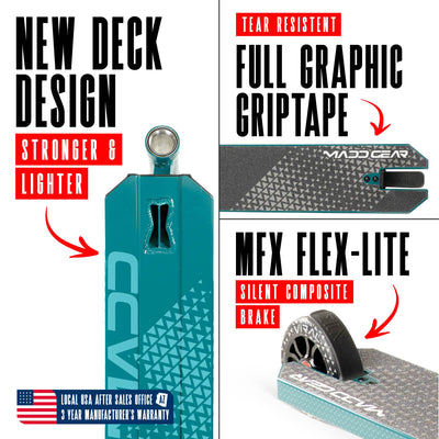 Viral Kaos Pro Scooter - Denim Teal, featuring a sturdy one-piece aluminum handlebar and 110mm alloy wheels, ideal for skatepark stunts and tricks.