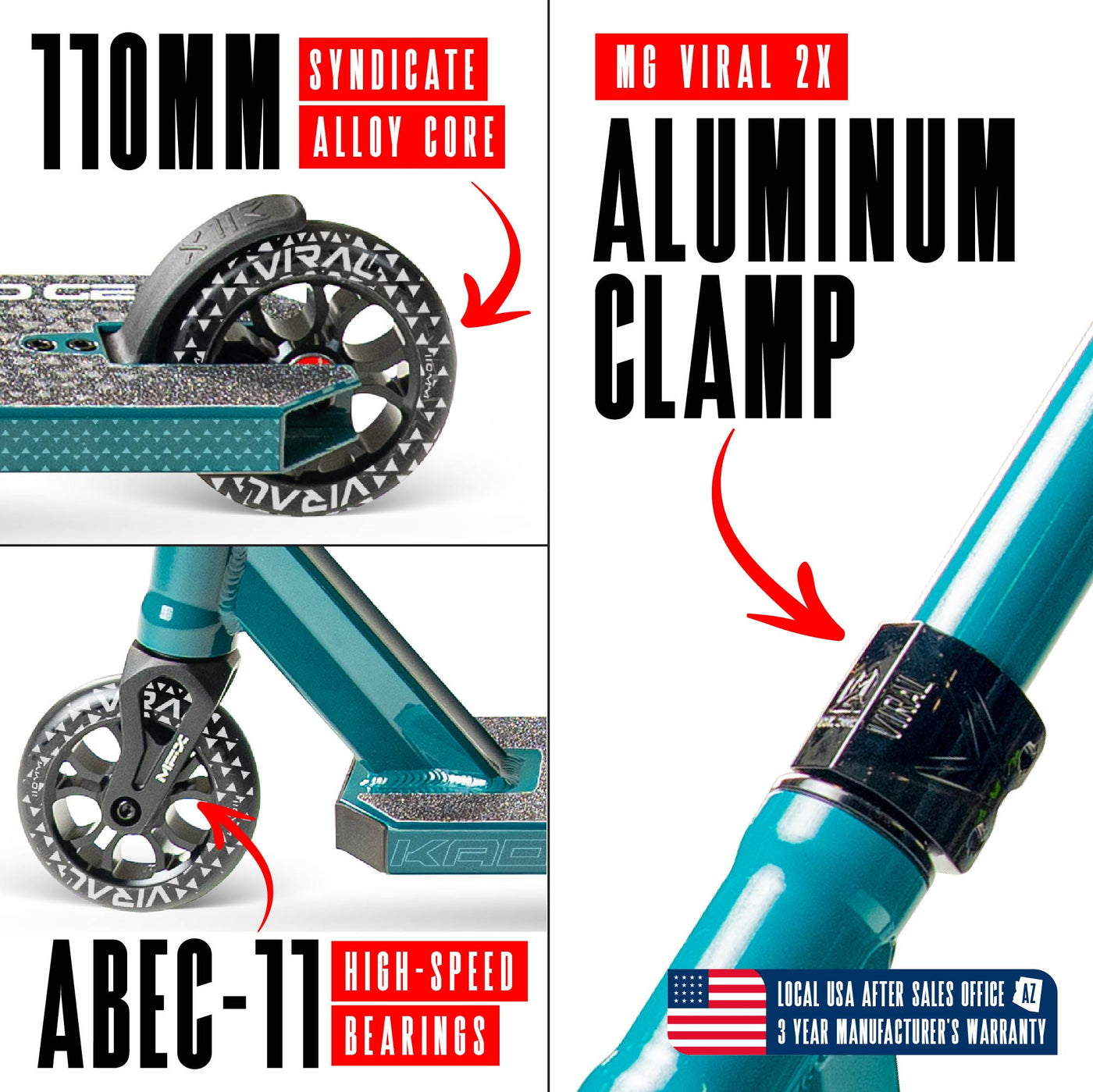 Viral Kaos Pro Scooter - Denim Teal, features a sleek design with a durable aluminum deck and strong aluminum handlebar, ideal for skatepark stunts.