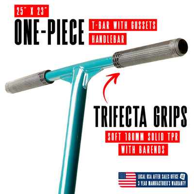 Viral Kaos Pro Scooter - Denim Teal; features a durable aluminum deck, aluminum handlebar, and 110mm wheels, ideal for skatepark stunts and tricks.