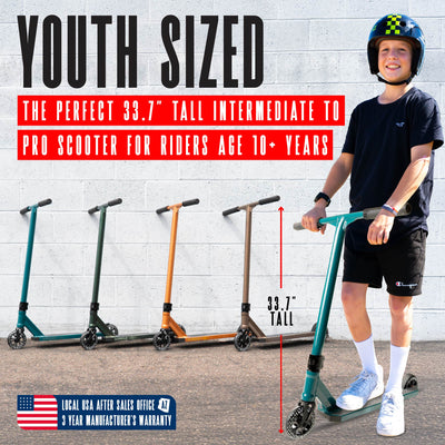 Viral Kaos Pro Scooter - Denim Teal, featuring a sturdy handlebar, a smooth wheel, and durable design for stunt riding at skateparks.