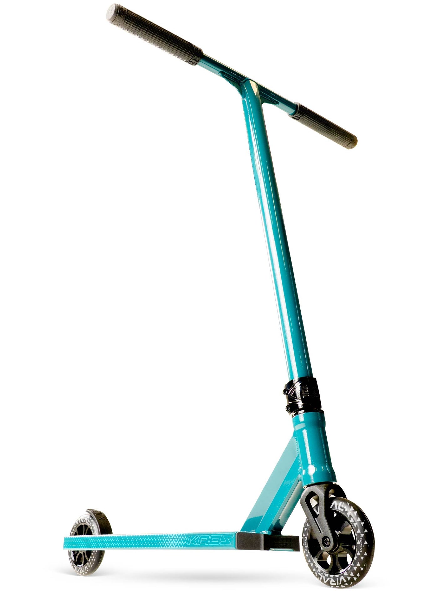 Viral Kaos Pro Scooter - Denim Teal with a handlebar, sturdy wheels, and durable aluminum deck, ideal for skatepark stunts and tricks.