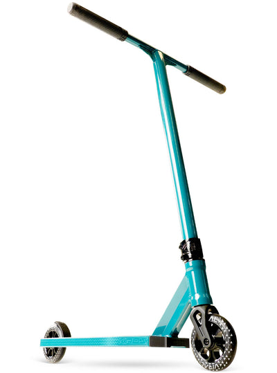 Viral Kaos Pro Scooter - Denim Teal with a handlebar, sturdy wheels, and durable aluminum deck, ideal for skatepark stunts and tricks.
