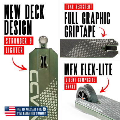 Viral Kaos Pro Scooter - Forest Green, featuring a sturdy one-piece aluminum handlebar and 110mm alloy wheels, ideal for skatepark stunts and tricks.