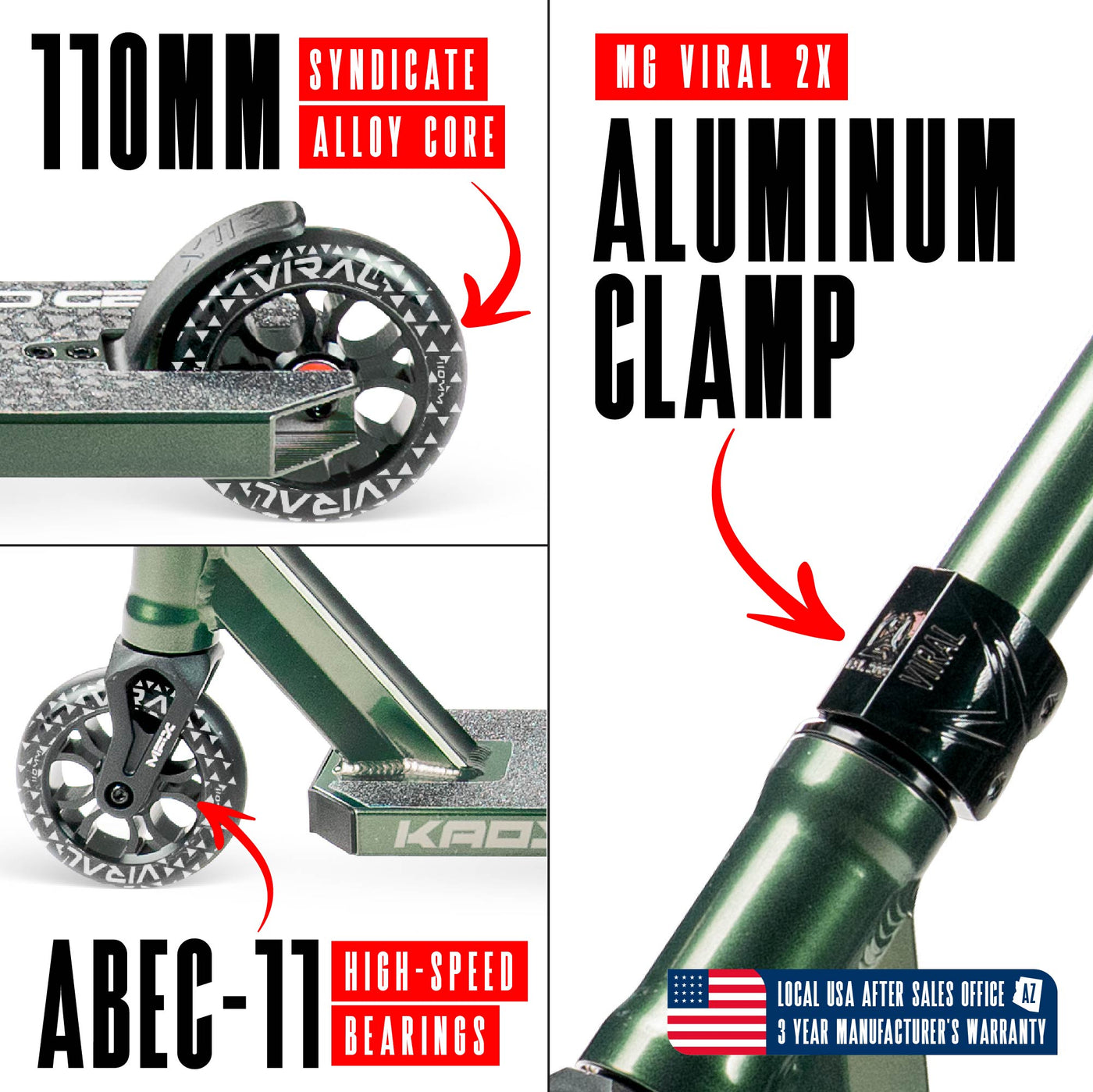 Viral Kaos Pro Scooter - Forest Green, features a sleek design with a durable aluminum deck and strong aluminum handlebar, ideal for skatepark stunts.