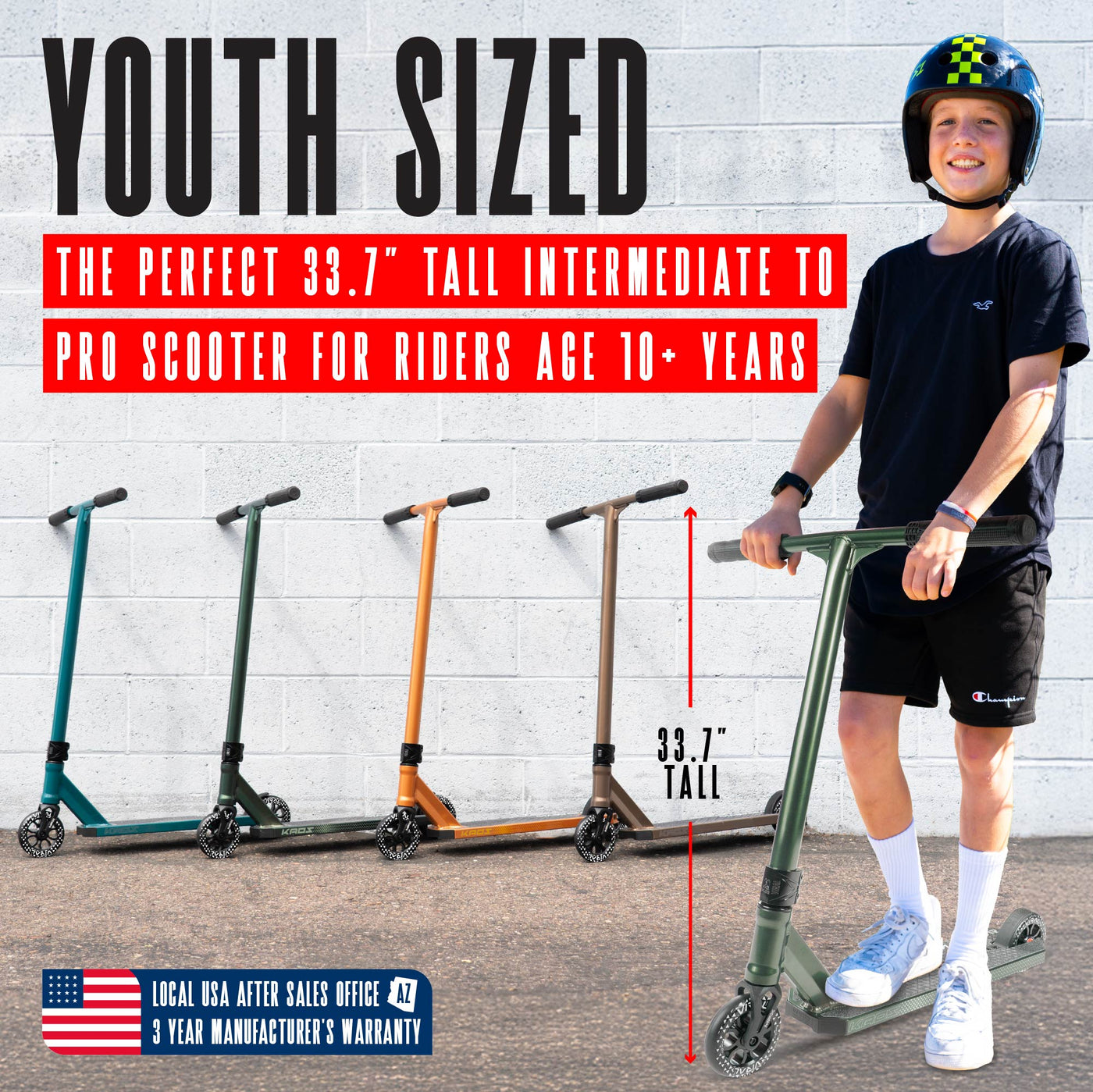 Viral Kaos Pro Scooter - Forest Green, featuring a sturdy handlebar, a smooth wheel, and durable design for stunt riding at skateparks.