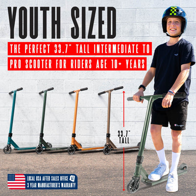 Viral Kaos Pro Scooter - Forest Green, featuring a sturdy handlebar, a smooth wheel, and durable design for stunt riding at skateparks.