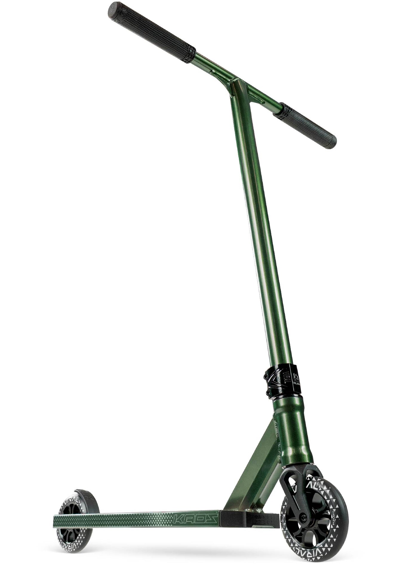 Viral Kaos Pro Scooter - Forest Green with a handlebar, sturdy wheels, and durable aluminum deck, ideal for skatepark stunts and tricks.