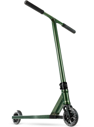Viral Kaos Pro Scooter - Forest Green with a handlebar, sturdy wheels, and durable aluminum deck, ideal for skatepark stunts and tricks.