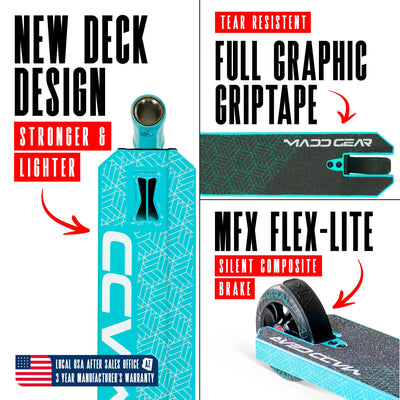 Viral Purge Pro Scooter - Aqua White Teal, featuring a sturdy one-piece aluminum handlebar and 110mm alloy wheels, ideal for skatepark stunts and tricks.