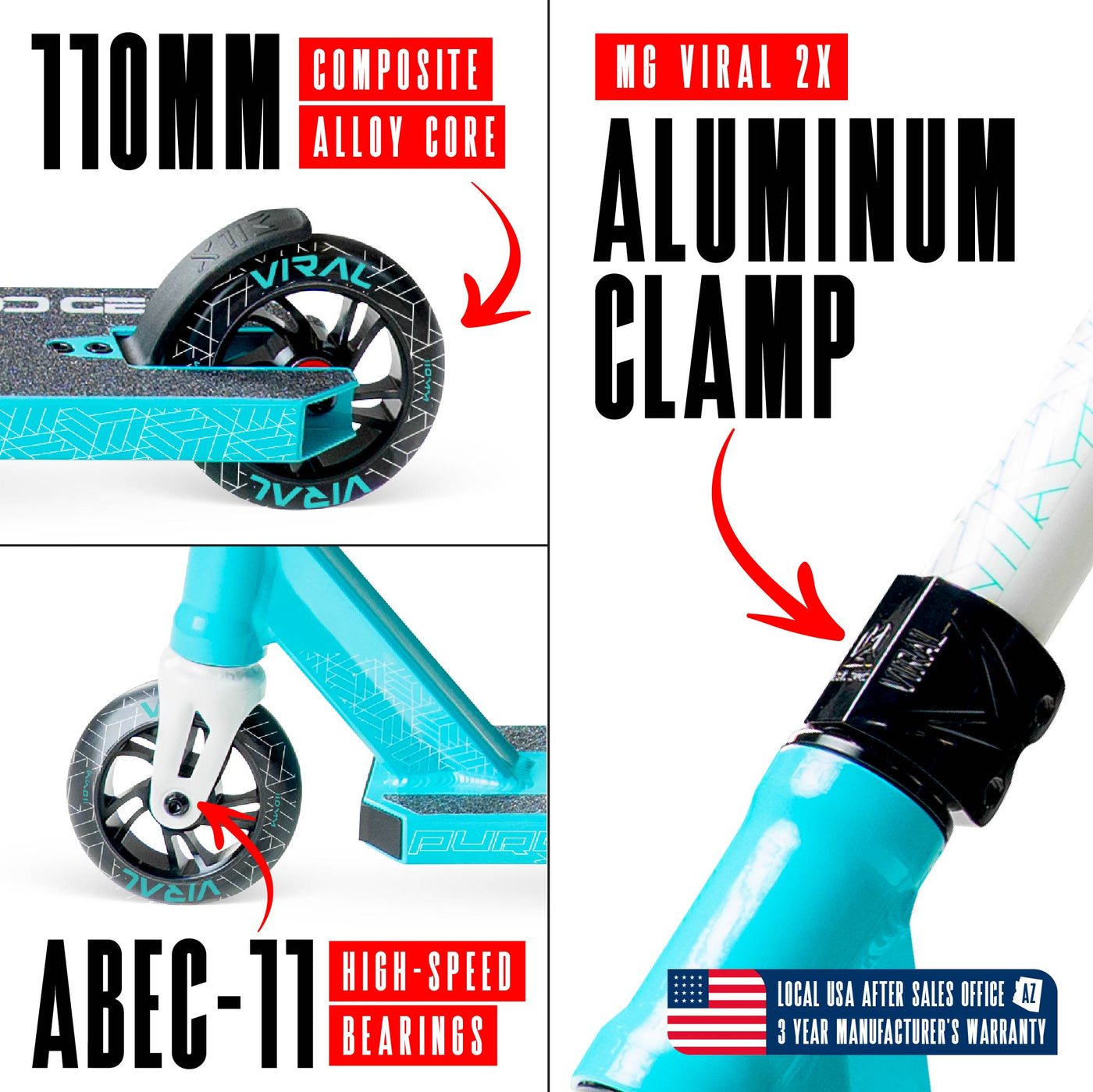 Viral Purge Pro Scooter - Aqua White Teal, features a sleek design with a durable aluminum deck and strong aluminum handlebar, ideal for skatepark stunts.