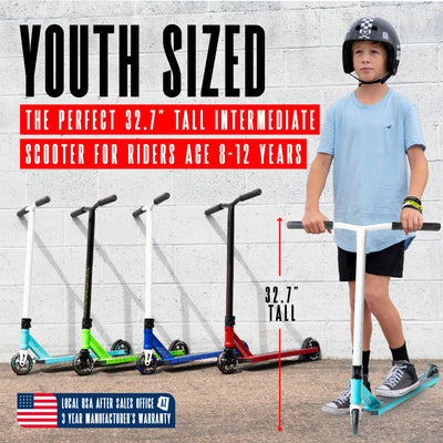 Viral Purge Pro Scooter - Aqua White Teal, featuring a sturdy handlebar, a smooth wheel, and durable design for stunt riding at skateparks.