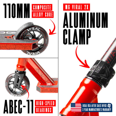 Viral Purge Pro Scooter - Cherry Red Black, features a sleek design with a durable aluminum deck and strong aluminum handlebar, ideal for skatepark stunts.