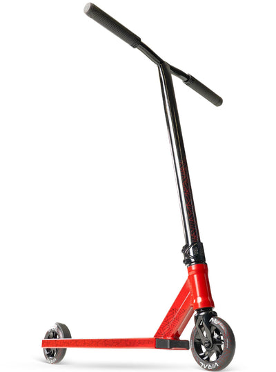 Viral Purge Pro Scooter - Cherry Red Black with a handlebar, sturdy wheels, and durable aluminum deck, ideal for skatepark stunts and tricks.