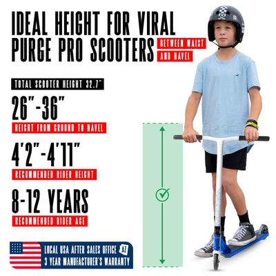 Viral Purge Pro Scooter - Cobalt White Blue with sturdy handlebars and durable wheels, designed for stunt riding at skateparks. Ideal for young riders honing their skills.