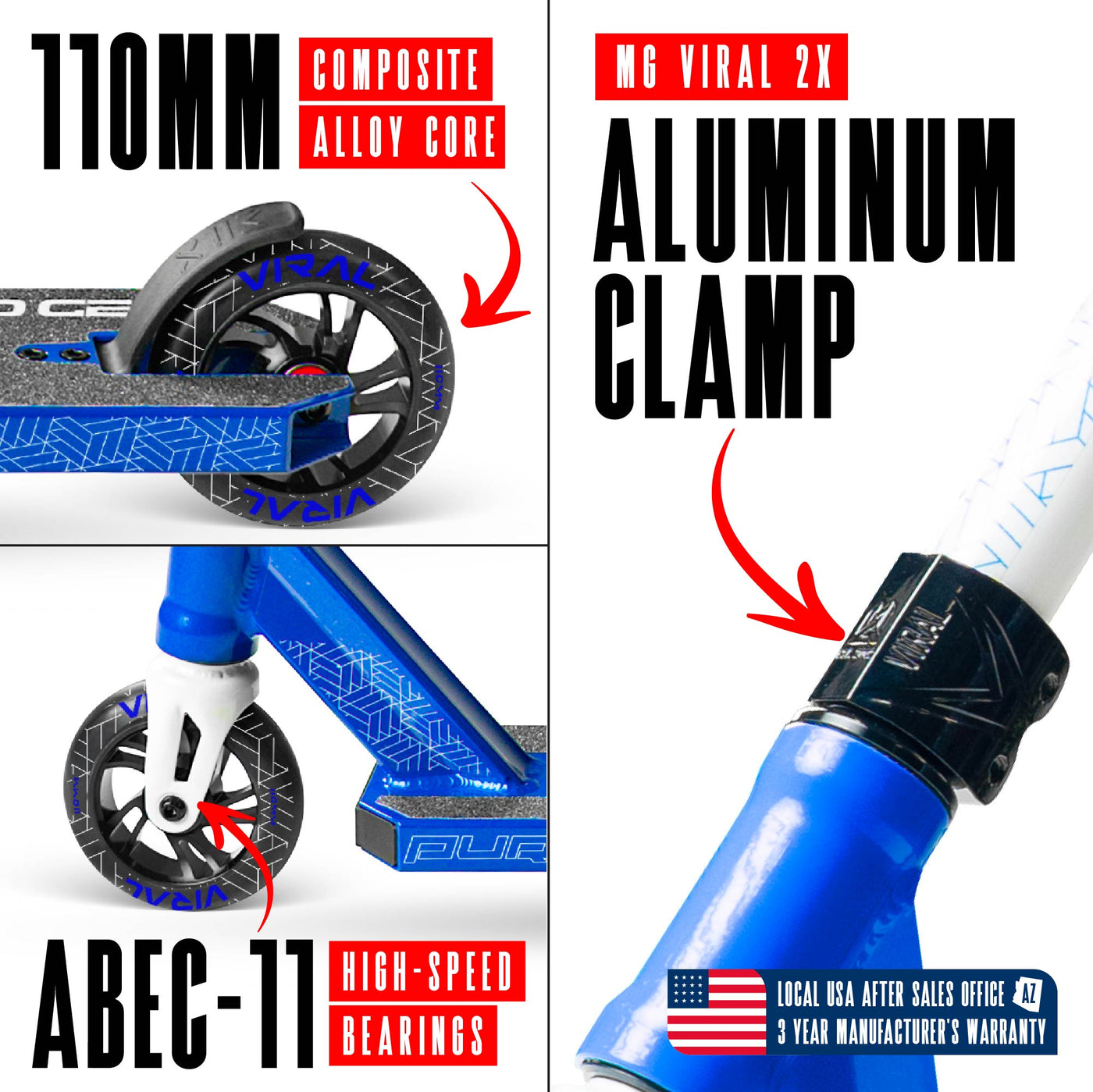 Viral Purge Pro Scooter - Cobalt White Blue, features a sleek design with a durable aluminum deck and strong aluminum handlebar, ideal for skatepark stunts.