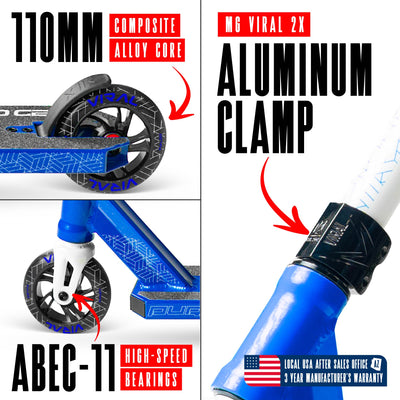 Viral Purge Pro Scooter - Cobalt White Blue, features a sleek design with a durable aluminum deck and strong aluminum handlebar, ideal for skatepark stunts.