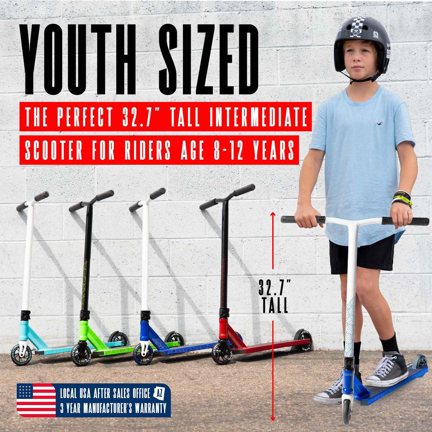 Viral Purge Pro Scooter - Cobalt White Blue, featuring a sturdy handlebar, a smooth wheel, and durable design for stunt riding at skateparks.