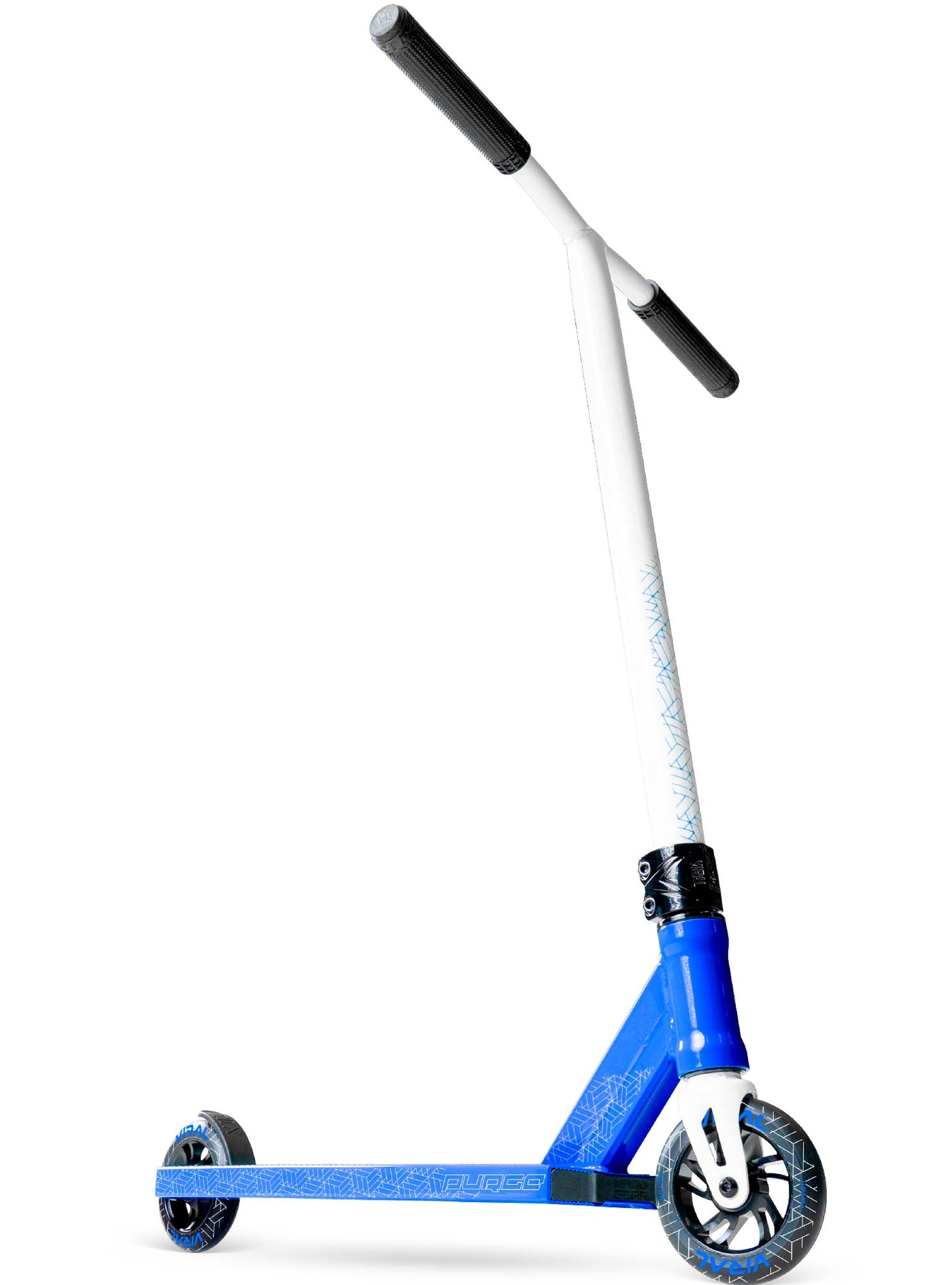 Viral Purge Pro Scooter - Cobalt White Blue with a handlebar, sturdy wheels, and durable aluminum deck, ideal for skatepark stunts and tricks.