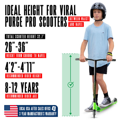 Viral Purge Pro Scooter - Jade Black Green with sturdy handlebars and durable wheels, designed for stunt riding at skateparks. Ideal for young riders honing their skills.