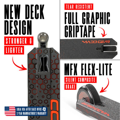 Viral Rave Pro Scooter - Inferno Black Red, featuring a sturdy one-piece aluminum handlebar and 110mm holographic wheels, ideal for skatepark stunts and tricks.