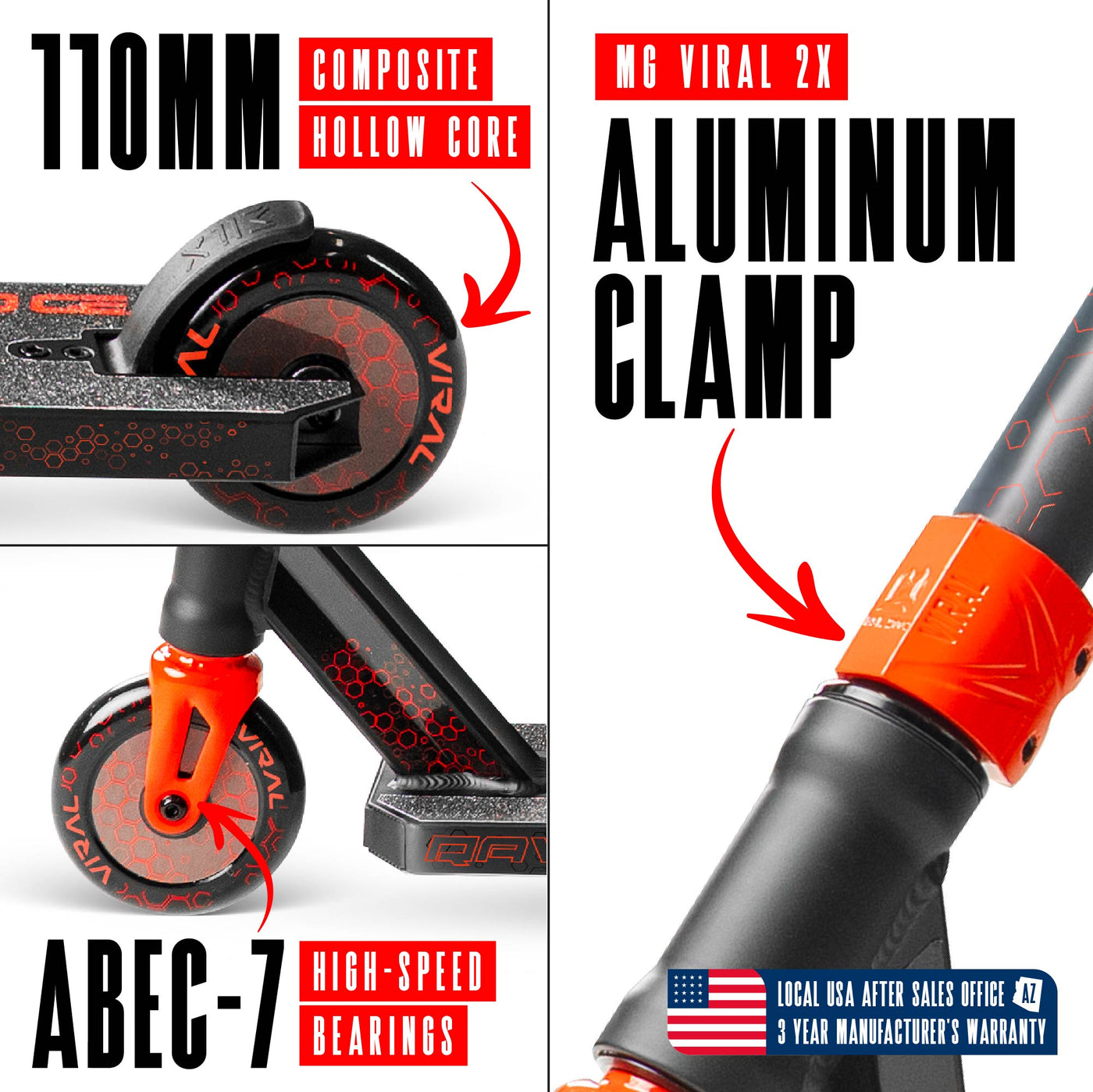 Viral Rave Pro Scooter - Inferno Black Red, features a sleek design with a durable aluminum deck and strong aluminum handlebar, ideal for skatepark stunts.