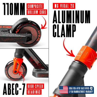 Viral Rave Pro Scooter - Inferno Black Red, features a sleek design with a durable aluminum deck and strong aluminum handlebar, ideal for skatepark stunts.