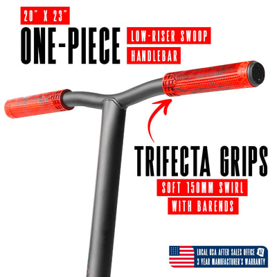 Viral Rave Pro Scooter - Inferno Black Red; features a durable aluminum deck, aluminum handlebar, and 110mm wheels, ideal for skatepark stunts and tricks.