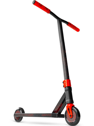 Viral Rave Pro Scooter - Inferno Black Red with a handlebar, sturdy wheels, and durable aluminum deck, ideal for skatepark stunts and tricks.