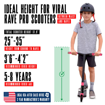 Viral Rave Pro Scooter - Melon Black Pink with sturdy handlebars and durable wheels, designed for stunt riding at skateparks. Ideal for young riders honing their skills.