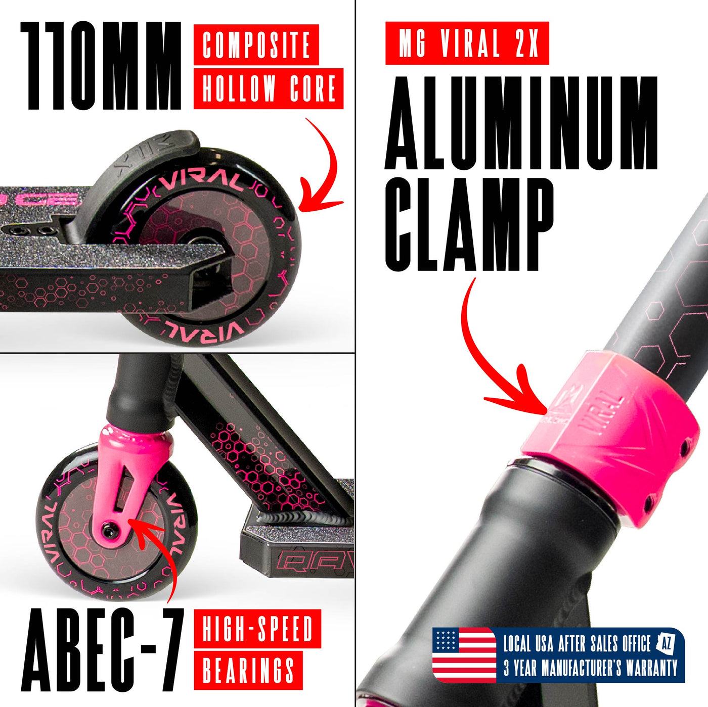 Viral Rave Pro Scooter - Melon Black Pink,  features a sleek design with a durable aluminum deck and strong aluminum handlebar, ideal for skatepark stunts.