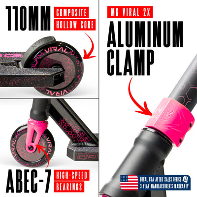 Viral Rave Pro Scooter - Melon Black Pink,  features a sleek design with a durable aluminum deck and strong aluminum handlebar, ideal for skatepark stunts.