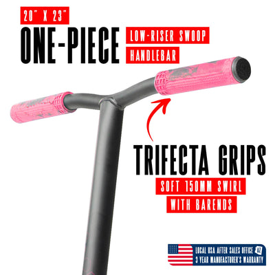 Viral Rave Pro Scooter - Melon Black Pink; features a durable aluminum deck, aluminum handlebar, and 110mm wheels, ideal for skatepark stunts and tricks.