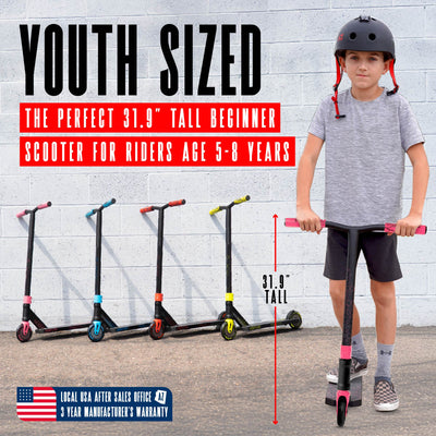 Viral Rave Pro Scooter - Melon Black Pink, featuring a sturdy handlebar, a smooth wheel, and durable design for stunt riding at skateparks.