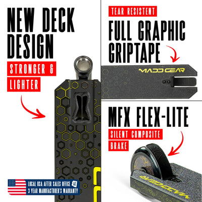 Viral Rave Pro Scooter - Neon Black Yellow, featuring a sturdy one-piece aluminum handlebar and 110mm holographic wheels, ideal for skatepark stunts and tricks.