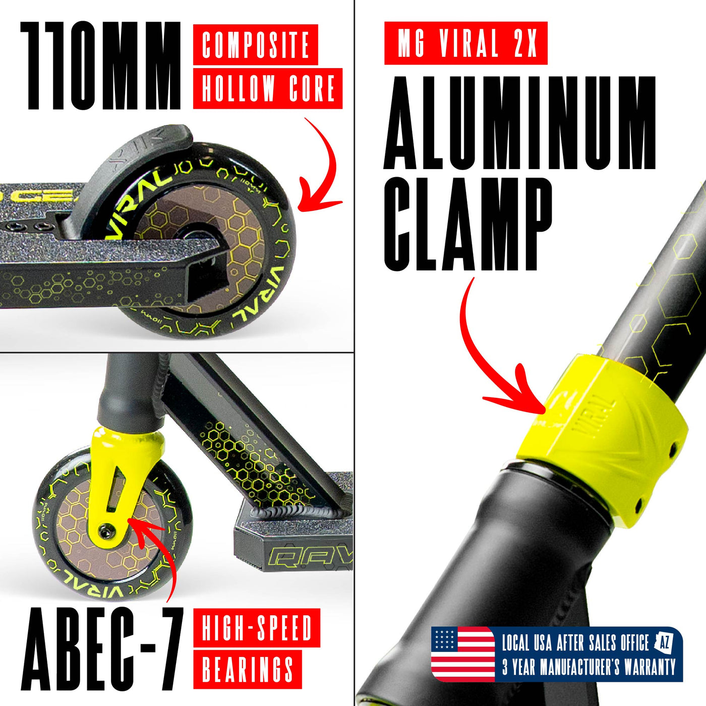 Viral Rave Pro Scooter - Neon Black Yellow, features a sleek design with a durable aluminum deck and strong aluminum handlebar, ideal for skatepark stunts.