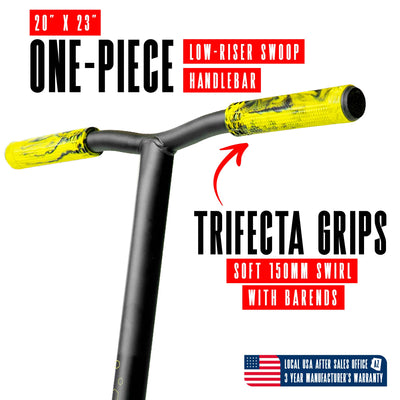 Viral Rave Pro Scooter - Neon Black Yellow; features a durable aluminum deck, aluminum handlebar, and 110mm wheels, ideal for skatepark stunts and tricks.