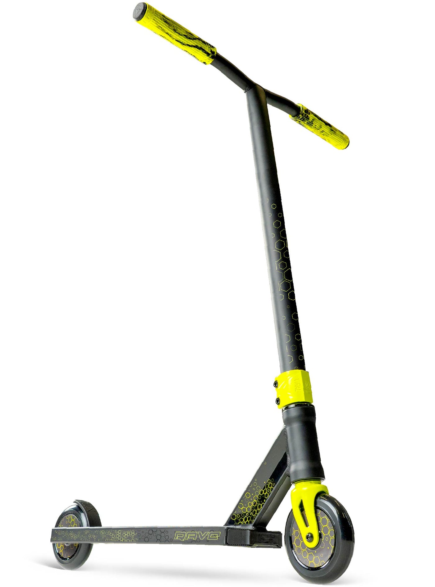 Viral Rave Pro Scooter - Neon Black Yellow with a handlebar, sturdy wheels, and durable aluminum deck, ideal for skatepark stunts and tricks.