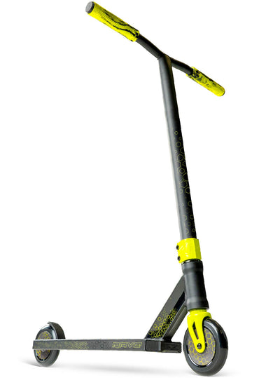 Viral Rave Pro Scooter - Neon Black Yellow with a handlebar, sturdy wheels, and durable aluminum deck, ideal for skatepark stunts and tricks.