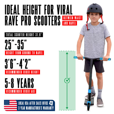 Viral Rave Pro Scooter - Velocity Black Blue with sturdy handlebars and durable wheels, designed for stunt riding at skateparks. Ideal for young riders honing their skills.