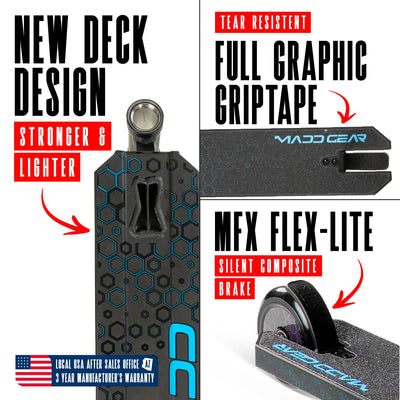 Viral Rave Pro Scooter - Velocity Black Blue, featuring a sturdy one-piece aluminum handlebar and 110mm holographic wheels, ideal for skatepark stunts and tricks.