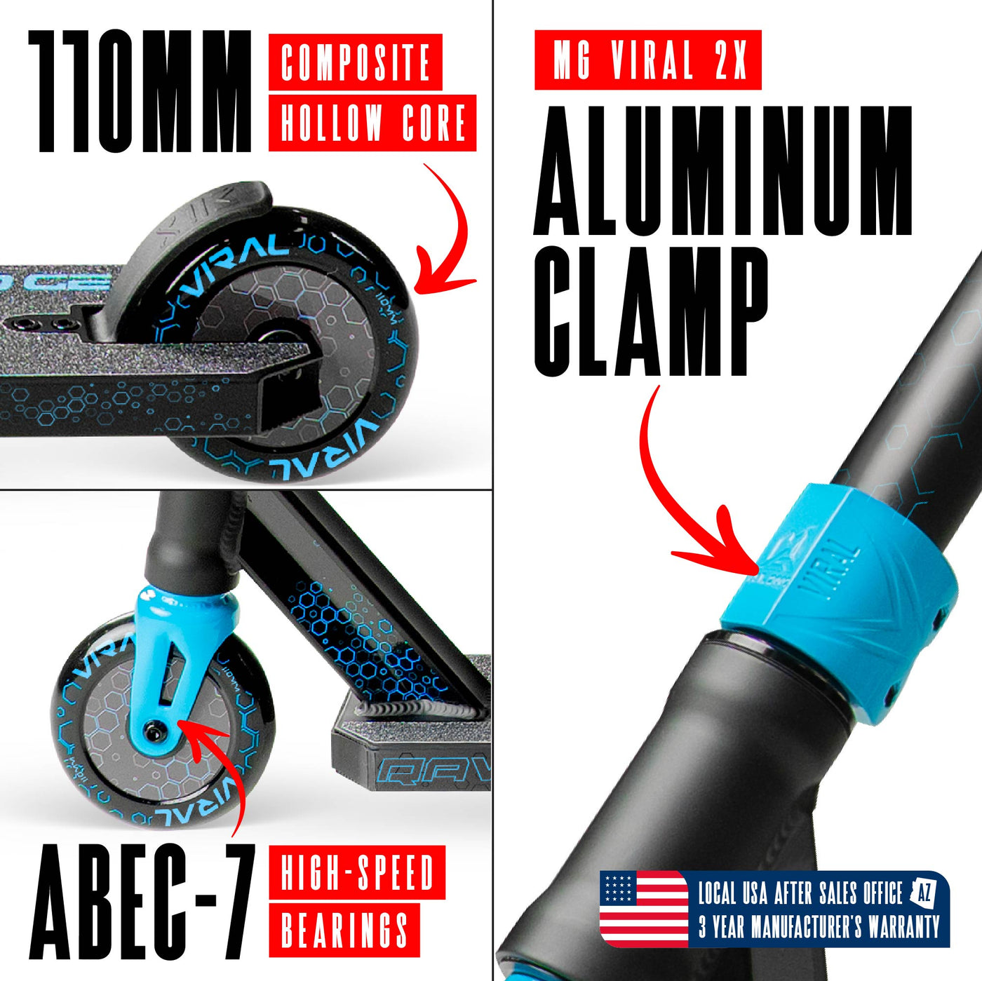 Viral Rave Pro Scooter - Velocity Black Blue, features a sleek design with a durable aluminum deck and strong aluminum handlebar, ideal for skatepark stunts.